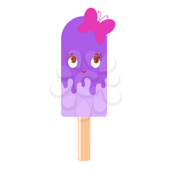 Purple cartoon Popsicle with the pink butterfly. Flat colored drawing on a white background.