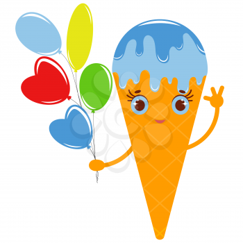 Orange cartoon waffle cone ice cream with colorful balloons of different shapes. Flat colored drawing on a white background.