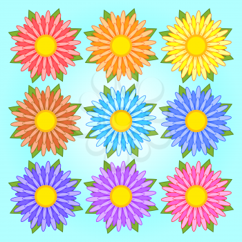 Set of flat colored isolated flowers. Vector illustration. Suitable for design.
