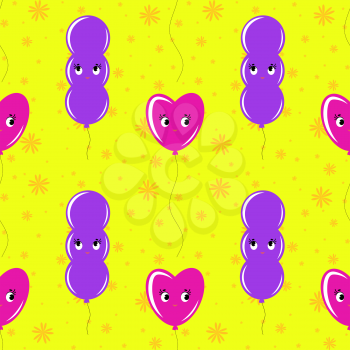 Color seamless pattern of balloons cartoon. Simple flat illustration on yellow background
