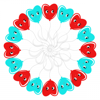 A round wreath of smiling balloons cartoon blue and red . On a white background