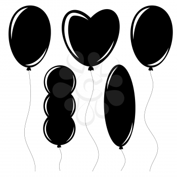 Set of flat isolated black silhouettes of balloons on ropes. Simple design on white background