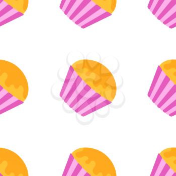 Color seamless pattern of delicious pink cakes with frosting. Simple flat illustration on white background