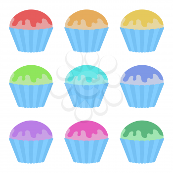 Set of flat colored isolated cakes drizzled with glaze. The striped baskets. Delicious color on a white background