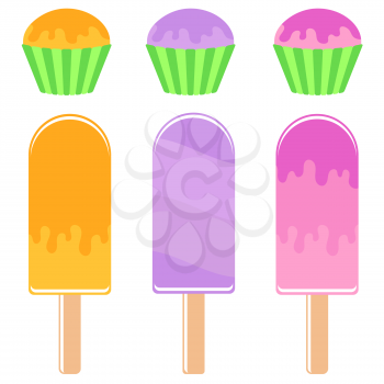 Set of flat colored insulated Popsicle drizzled with icing cakes and muffins in baskets. On a white background.
