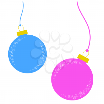 Flat colored set of isolated Christmas toys in the form of balls of blue and pink color on thin ropes. Simple design for postcards.