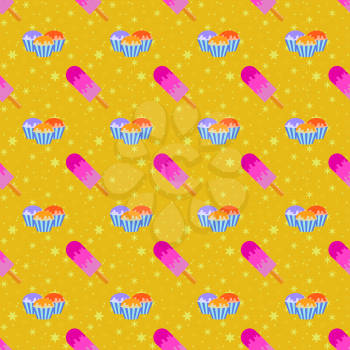 Color seamless pattern of delicious cakes and pink ice-cream with the icing. Simple flat illustration on an orange background with yellow stars