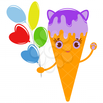 Flat colored isolated striped ice cream in a waffle cup sprinkled with syrup of purple. With small cat ears. With a bunch of bright balloons in his hand. Simple drawing on a white background.