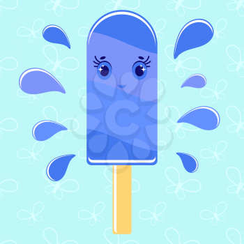 Flat colored isolated striped ice cream sprinkled with glaze of blue color. On a wooden stick. With splashes of water on a blue background.