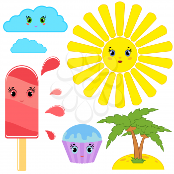 A set of various design elements. blue clouds, yellow sun, striped popsicle with leaks, light blue cake, green palms on the beach. A simple flat colored cartoon isolated drawing on a white background.