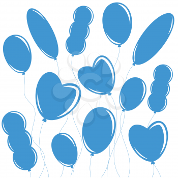 Set of flat isolated blue silhouettes of balloons on ropes. Simple design on white background