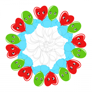 A round wreath of smiling balloons cartoon green and red. On a white background