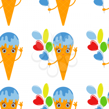 color seamless pattern of cartoon ice cream in a waffle Cup with a bunch of balloons in hand. Simple flat illustration on white background