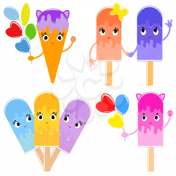 A set of different cartoon variants of Eskimo on wooden sticks. And also ice cream in a waffle cup, watered with a syrup of purple. With small cat ears. With a bunch of bright balloons. A simple flat colored isolated drawing on a white background.
