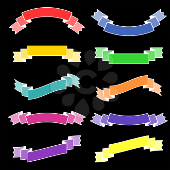 Set of isolated flat colored ribbon banners with white stroke. On a black background. Suitable for design
