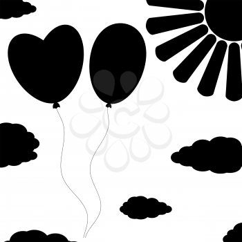 Black isolated silhouettes of balloons on a white background with clouds and sun. Simple flat vector illustration. Suitable for decoration of greeting cards, magazines.