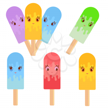 Set of flat colored isolated cartoon ice-cream, drizzled with glaze. On wooden sticks. Appetizing color. On a white background.