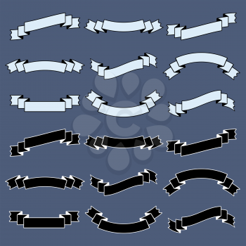 Set of flat white and black isolated silhouettes of ribbons banners on dark blue background