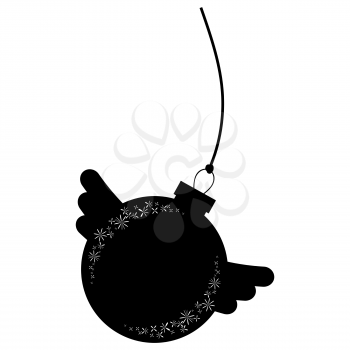 Black isolated silhouette of Christmas tree toy ball with wings. Simple design for decoration. On a white background.