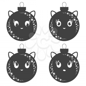 Set of flat black isolated Christmas tree toms toys with ears. Simple design for decoration. On a white background.