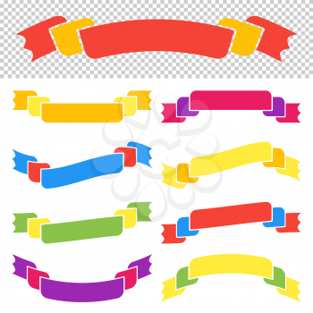 Set of colored isolated banner ribbons on a transparent and white background. Simple flat vector illustration. With space for text. Suitable for infographics, design, advertising, holidays, labels.