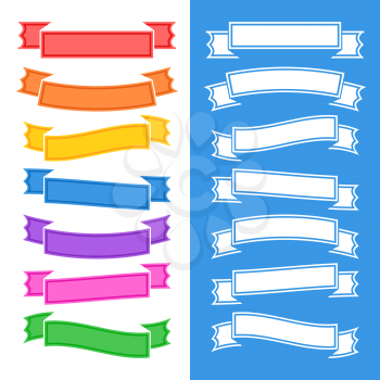 Set of flat isolated colored ribbons and banners on white and blue background. Simple flat vector illustration. With place for text. Suitable for infographics, design, advertising, festivals, labels.
