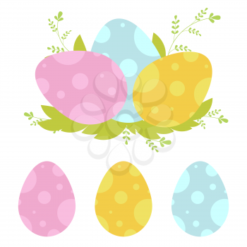 Set of colored Easter eggs isolated on a white background. With abstract pattern. Simple flat vector illustration. Lie on leaves and blades of grass