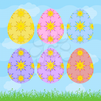 Set of colored isolated Easter eggs on a blue background. With abstract floral pattern. Simple flat vector illustration. Suitable for decoration of postcards, advertising, magazines, websites.
