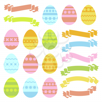 Set of colored isolated Easter eggs and ribbon banners on white background. With an abstract geometric pattern. Simple flat vector illustration. Suitable for decoration of postcards, advertising, magazines, websites.