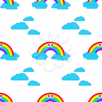 Color seamless pattern of smiling cute rainbows on white background with clouds. Simple flat vector illustration. Suitable for Wallpaper, fabric, wrapping paper, covers.