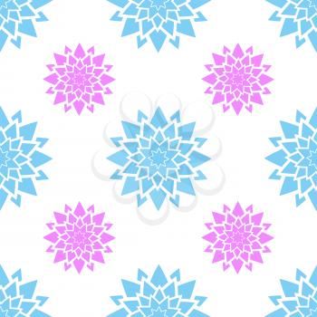 Colorful seamless pattern of snowflakes on a white background. Simple flat vector illustration. For the design of paper wallpaper, fabric, wrapping paper, covers, web sites.