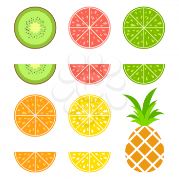 Set of colored isolated apetitic fruits on a white background. Juicy, bright, delicious tropical food. Simple flat vector illustration. Kiwi, grapefruit, lime, orange, lemon, pineapple