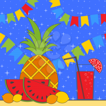 set of tropical fruits and a glass with juice and straw. Pineapple, lemon, watermelon. Against a background of garlands and a falling candy. Simple color flat vector illustration.