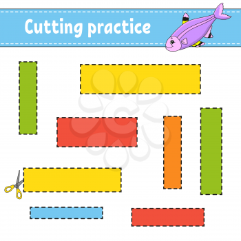 Cutting practice for kids. Education developing worksheet. Activity page with pictures. Game for children. Isolated vector illustration. Funny character. Cartoon style