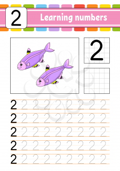 Trace and write. Handwriting practice. Learning numbers for kids. Education developing worksheet. Activity page. Game for toddlers and preschoolers. Isolated vector illustration in cute cartoon style