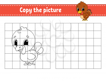 Copy the picture. Coloring book pages for kids. Education developing worksheet. Game for children. Handwriting practice. Funny character. Cute cartoon vector illustration