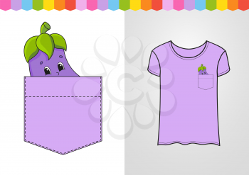Eggplant in shirt pocket. Cute character. Colorful vector illustration. Cartoon style. Isolated on white background. Design element. Template for your shirts, books, stickers, cards, posters.
