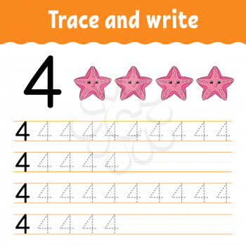 Trace and write. Handwriting practice. Learning numbers for kids. Education developing worksheet. Activity page. Game for toddlers and preschoolers. Isolated vector illustration in cute cartoon style.