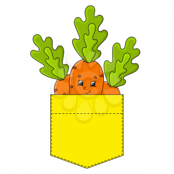 Orange carrot in shirt pocket. Cute character. Colorful vector illustration. Cartoon style. Isolated on white background. Design element. Template for your shirts, books, stickers, cards, posters.