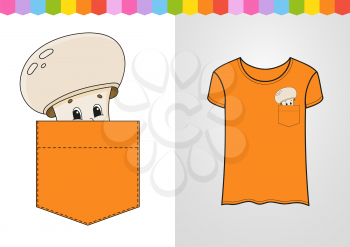 Beige champignon in shirt pocket. Cute character. Colorful vector illustration. Cartoon style. Isolated on white background. Design element. Template for your shirts, books, stickers, cards, posters.