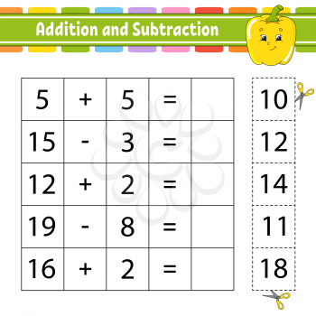 Addition and subtraction. Task for kids. Education developing worksheet. Activity page. Game for children. Funny character. Isolated vector illustration. Cartoon style.
