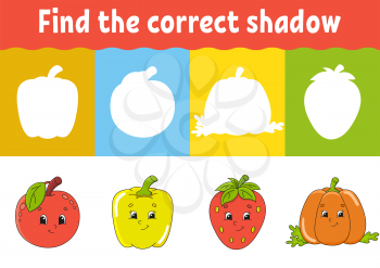 Find the correct shadow. Education developing worksheet. Matching game for kids. Activity page. Puzzle for children. Riddle for preschool. Cute character. Isolated vector illustration. Cartoon style