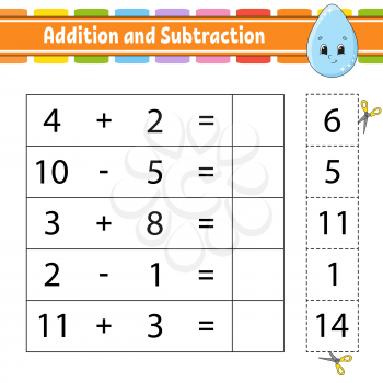 Addition and subtraction. Task for kids. Education developing worksheet. Activity page. Game for children. Funny character. Isolated vector illustration. Cartoon style