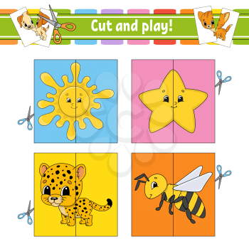 Cut and play. Flash cards. Color puzzle. Education developing worksheet. Activity page. Game for children. Funny character. Isolated vector illustration. Cartoon style