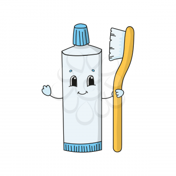 Fun Toothpaste With Toothbrush. Cute flat vector illustration in childish cartoon style. Funny character. Isolated on white background.