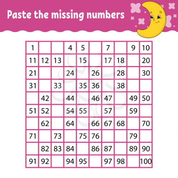 Paste the missing numbers. Handwriting practice. Learning numbers for kids. Education developing worksheet. Activity page. Game for children. Isolated vector illustration in cute cartoon style
