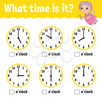 Learning time on the clock. Educational activity worksheet for kids and toddlers. Game for children. Simple flat isolated vector illustration in cute cartoon style
