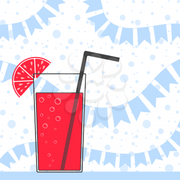 A glass transparent glass with a cocktail, a straw and a piece of citrus fruit. Against a background of garlands and a falling candy. Simple color flat vector illustration.