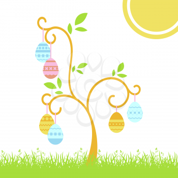 Set of cute colored isolated Easter eggs hanging on a tree on a white background. With an abstract striped pattern. Simple flat vector illustration. Suitable for decoration of postcards, advertising