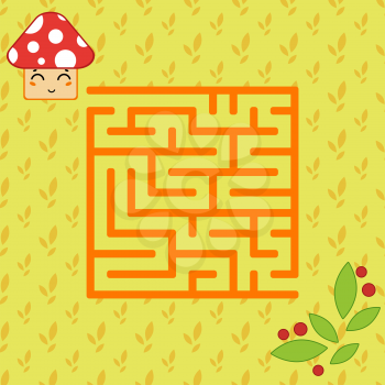 Abstract simple square isolated labyrinth. orange on a yellow background. An interesting game for children. Find the way from the cartoon mushroom to a cute plant. Simple flat vector illustration.